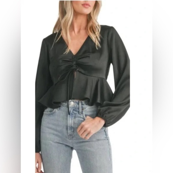 All in Favor Tie Front Satin Peplum Top in Black - Picture 3 of 10